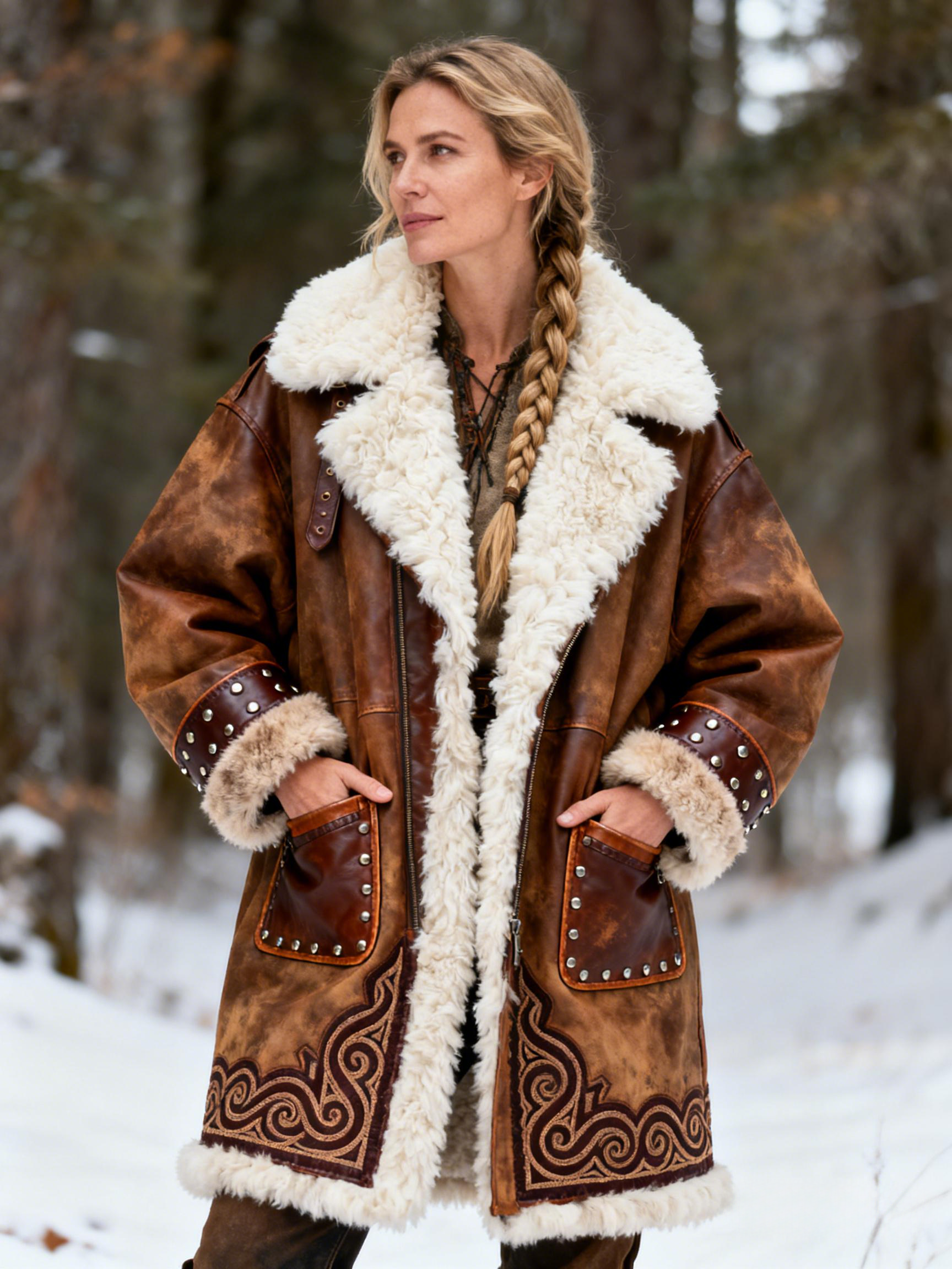 Stud Accents Ornate Embroidery Brown Faux Leather Shearling Coat