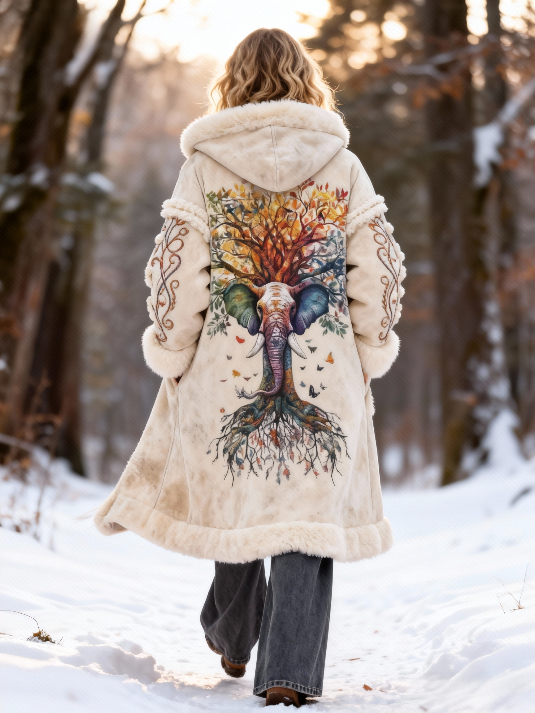 Colorful Elephant & Tree Print Faux Fur Hooded Winter Coat 