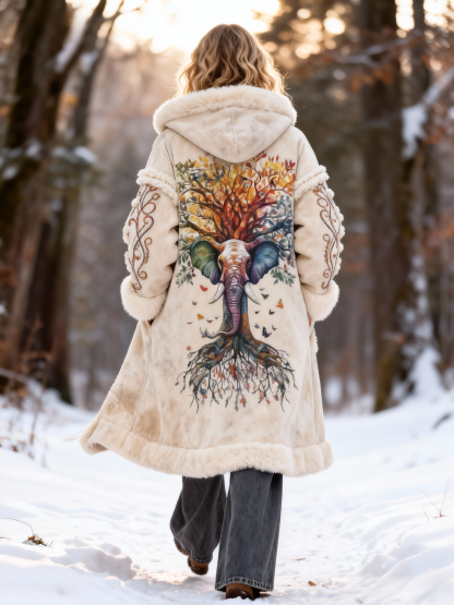 Colorful Elephant & Tree Print Faux Fur Hooded Winter Coat 