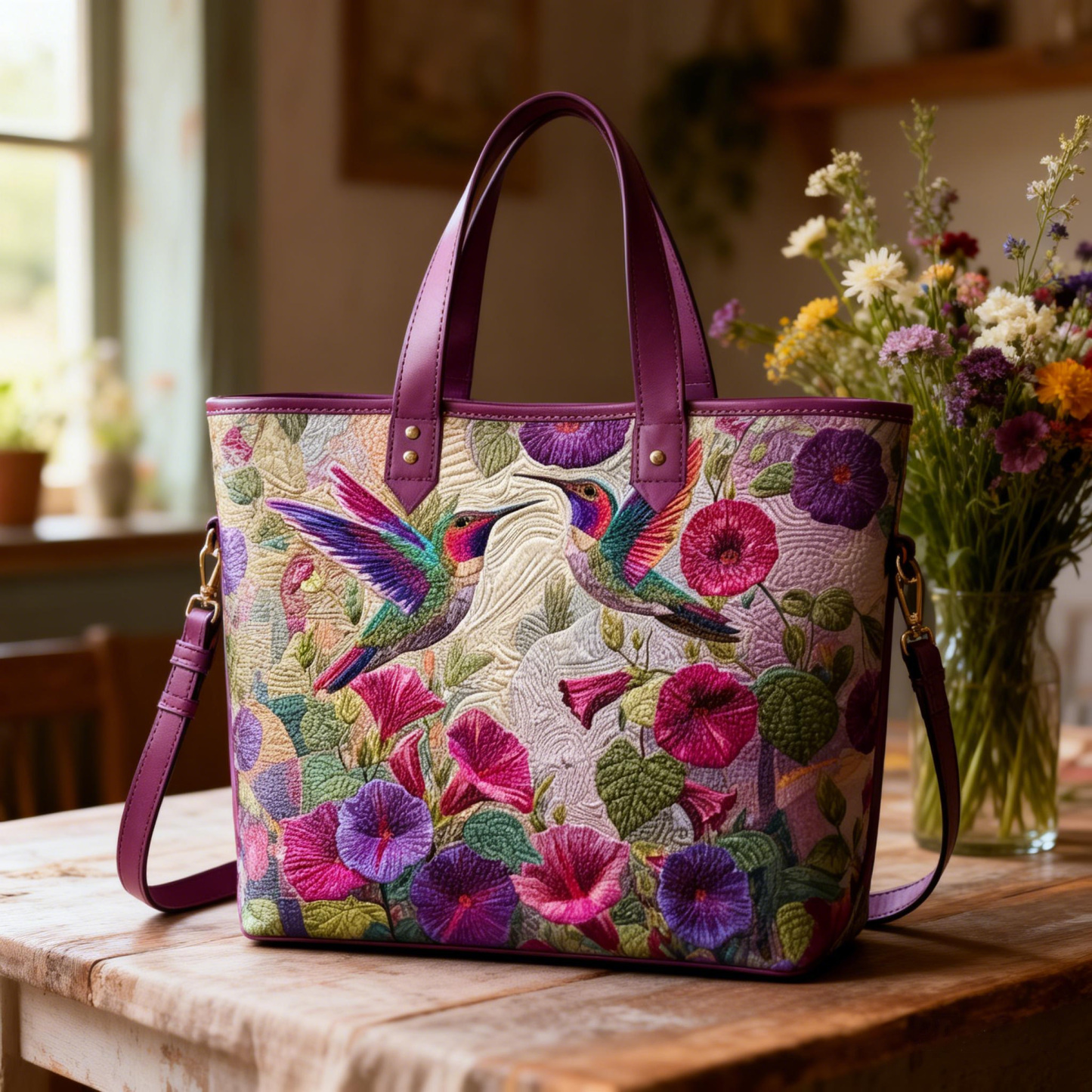 Hummingbird Purple Flower Elegant Vegan Leather Tote Bag Crossbody Handbag with Adjustable Strap