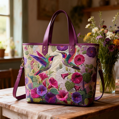 Hummingbird Purple Flower Elegant Vegan Leather Tote Bag Crossbody Handbag with Adjustable Strap
