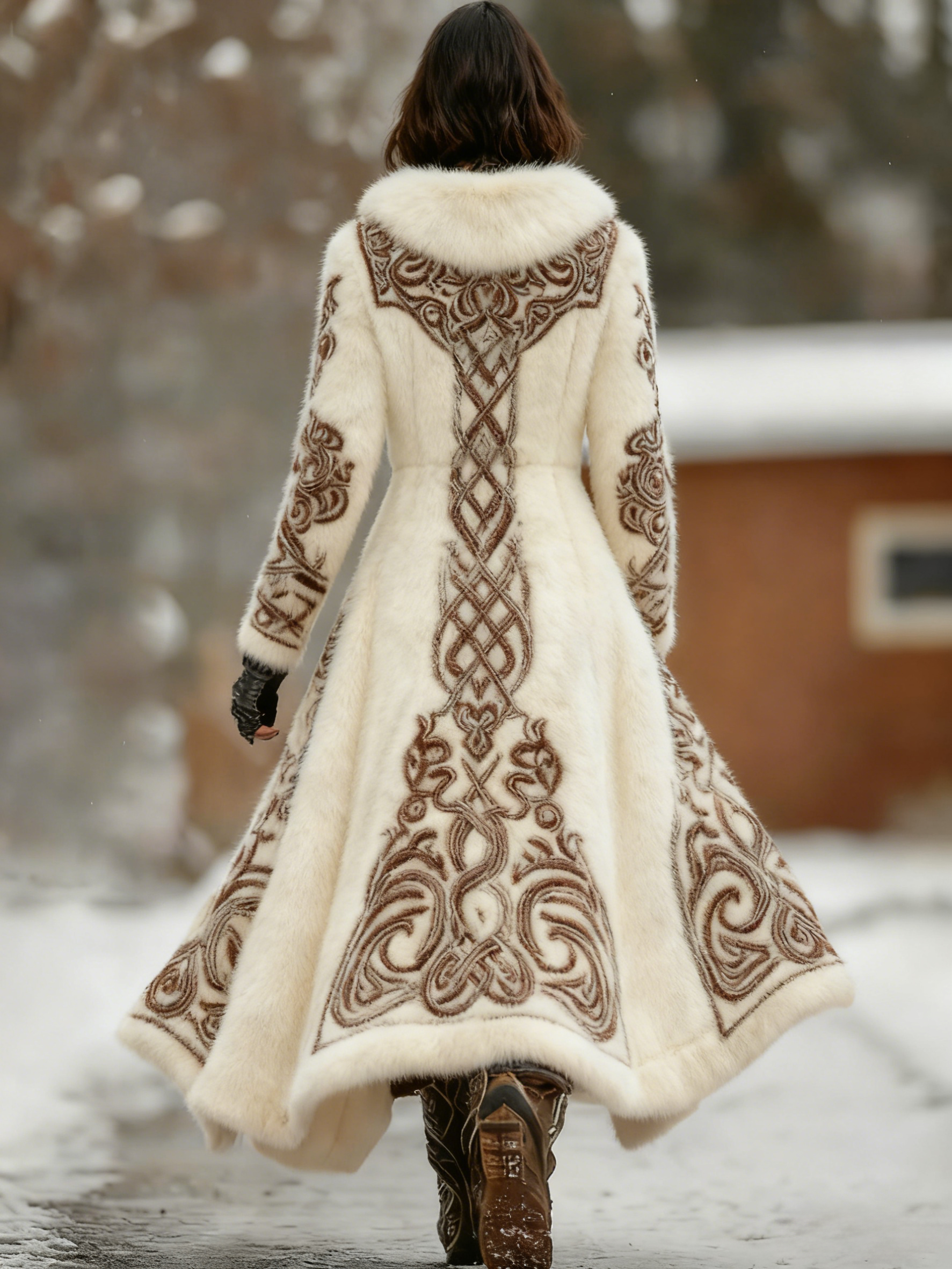 Viking Celtic Knot Embroidery Faux Fur Maxi Coat