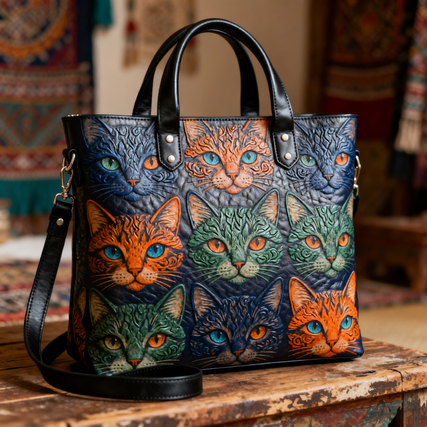 Colorful Cat Embossed Cute Animal Vegan Leather Tote Bag Crossbody Handbag with Adjustable Strap