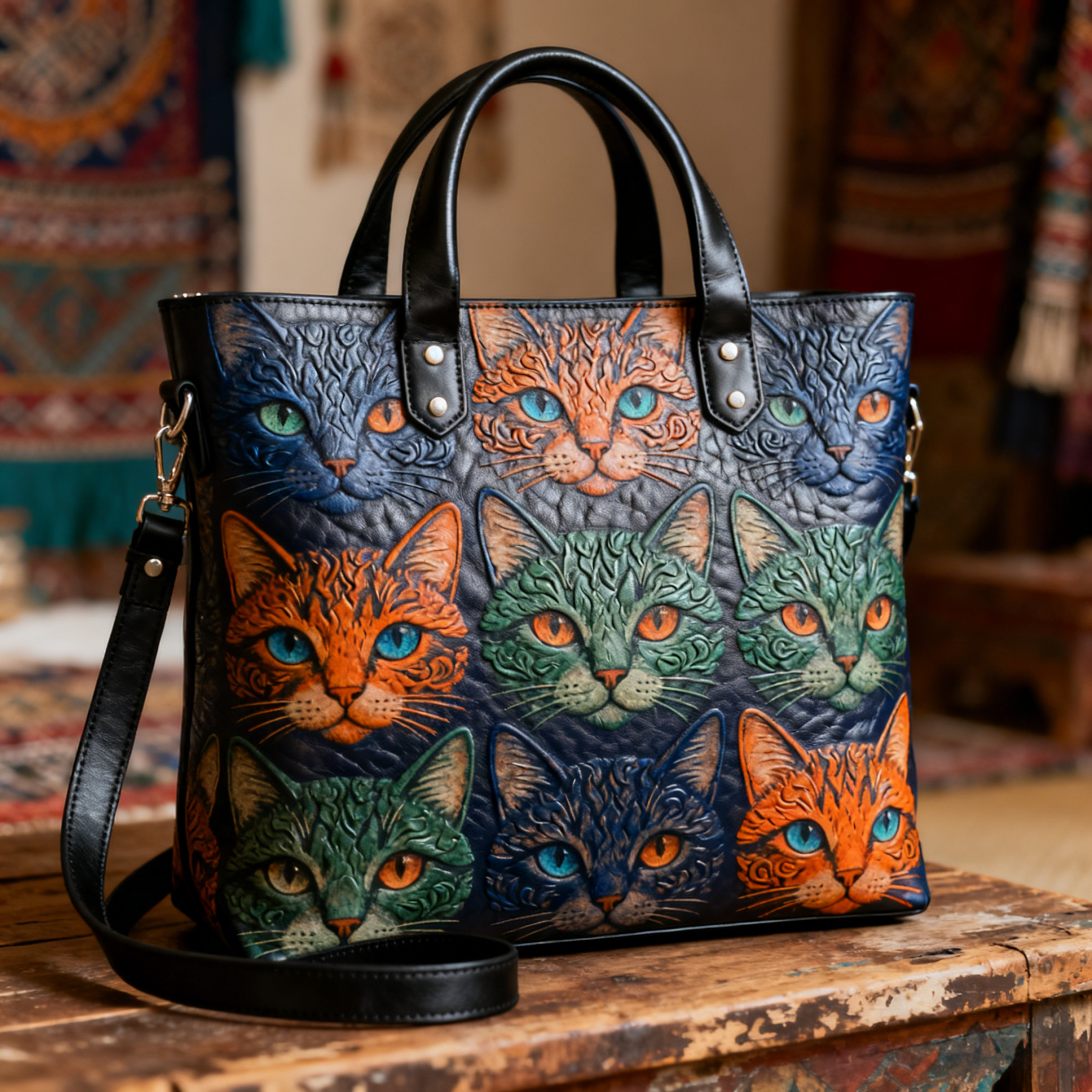 Colorful Cat Embossed Cute Animal Vegan Leather Tote Bag Crossbody Handbag with Adjustable Strap