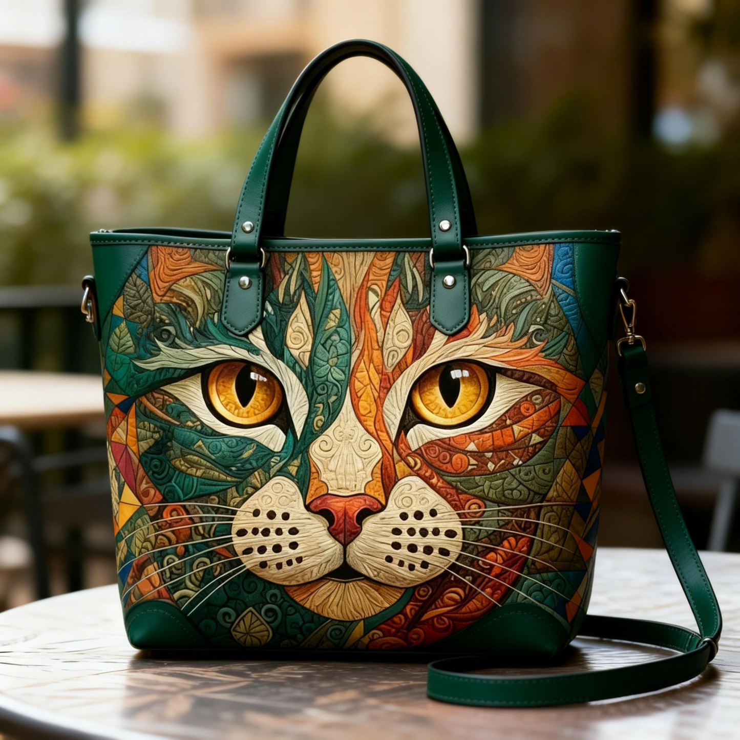 Vintage Deco Cat Face Art Vegan Leather Tote Bag Crossbody Handbag with Adjustable Strap