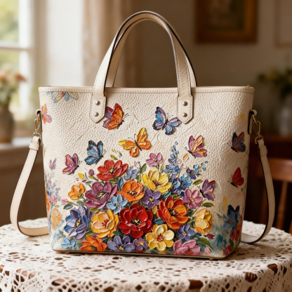Elegant 3D Butterfly & Colorful Floral Vegan Leather Tote Bag Crossbody Handbag with Adjustable Strap