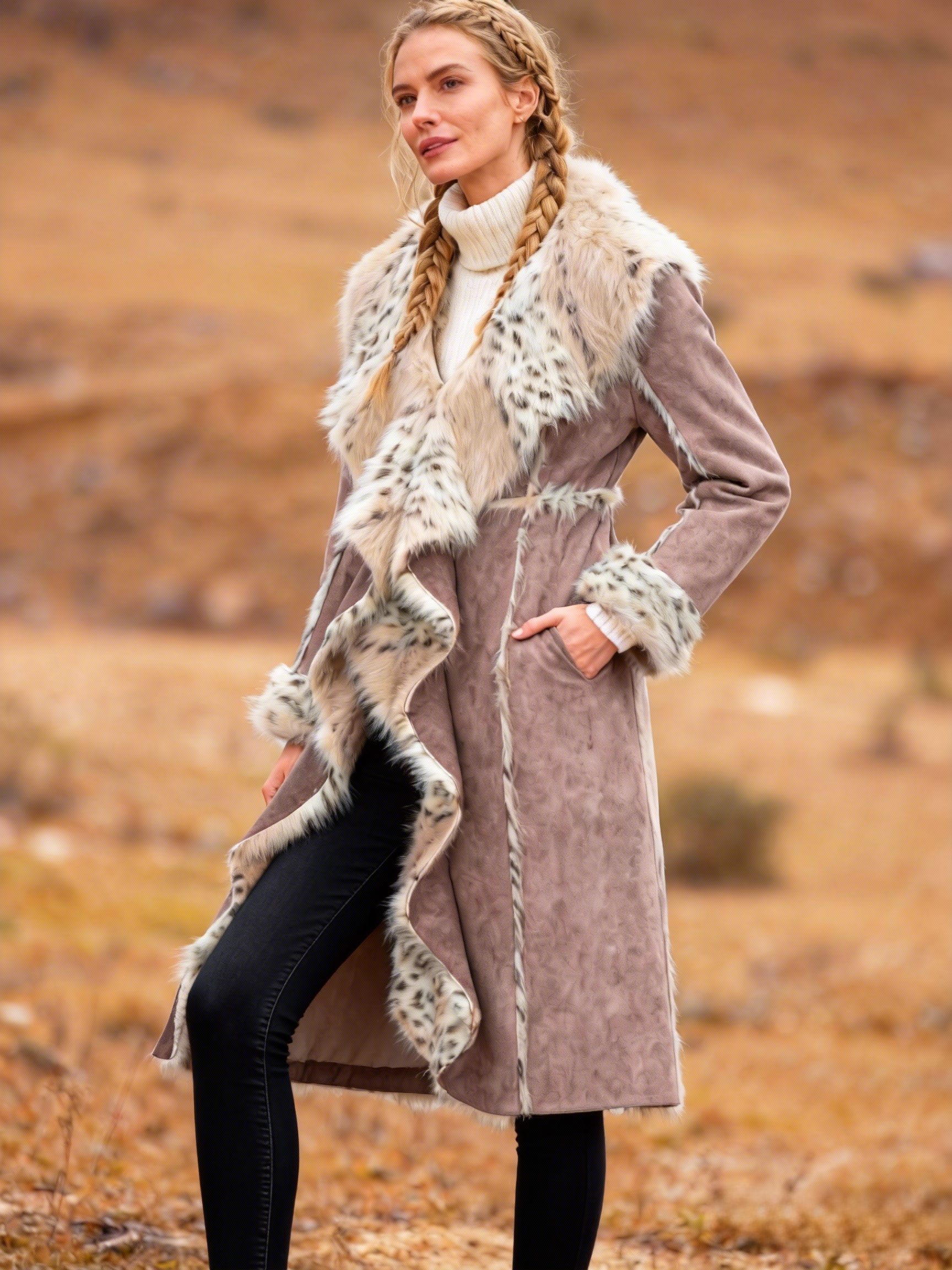 Leopard Print Fur Colla Taupe Faux Suede Coat 