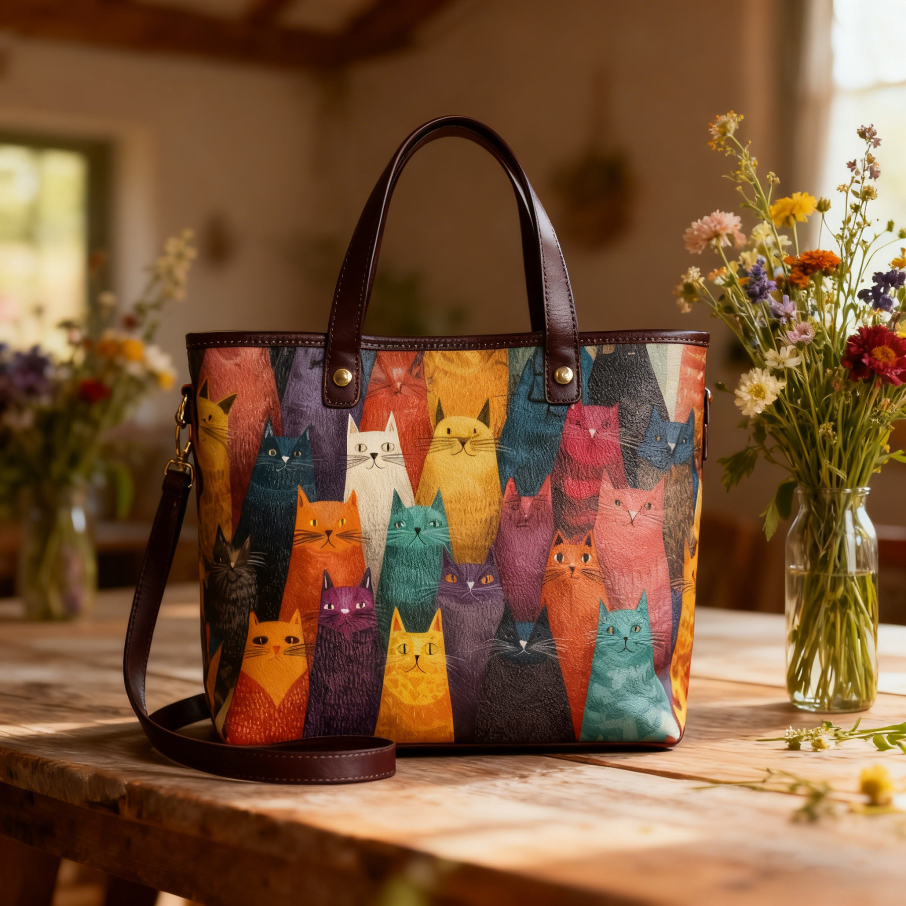  Colorful Cat Print Cute Animal Vegan Leather Tote Bag Crossbody Handbag with Adjustable Strap