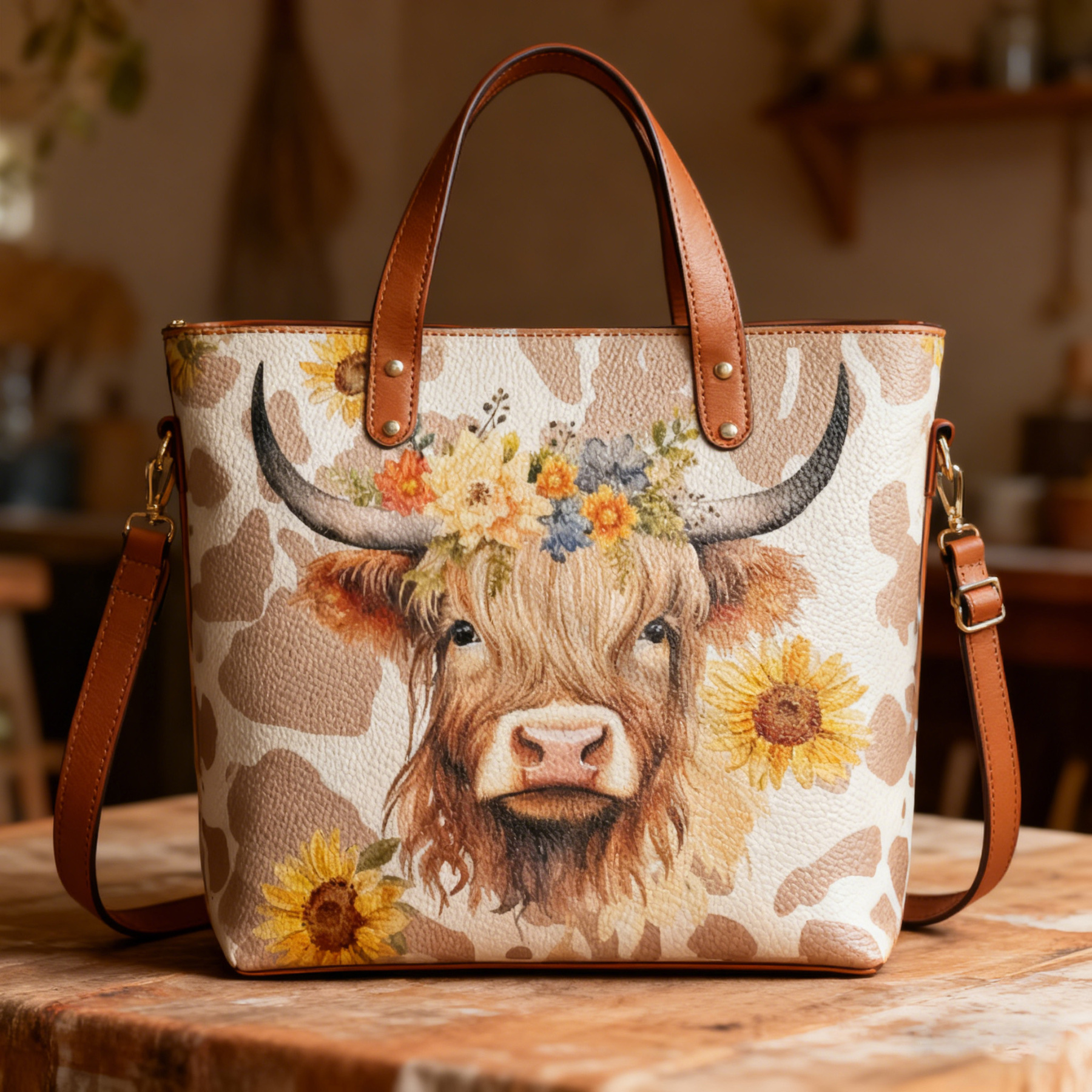 Highland Cow Sunflower Vegan Leather Tote Bag Crossbody Handbag with Adjustable Strap