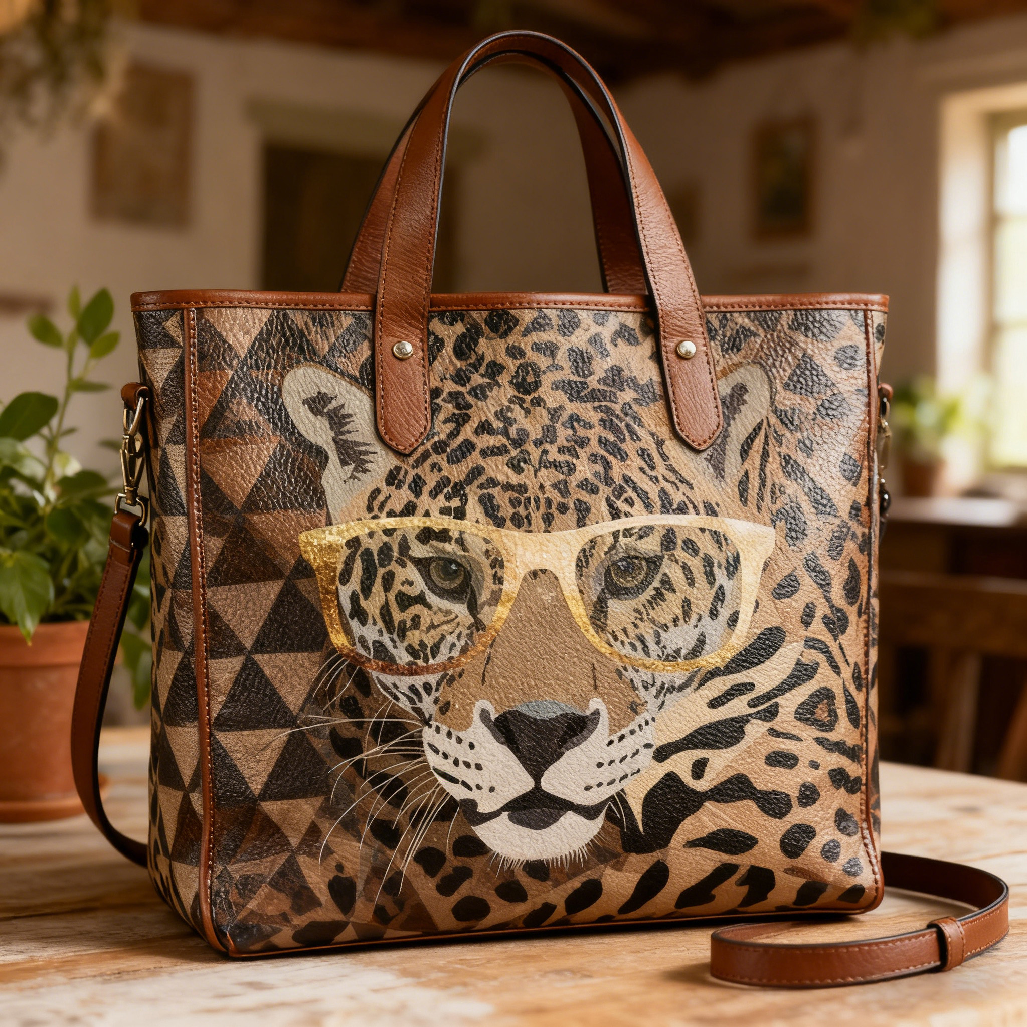 Geometric Leopard Stylish Vegan Leather Tote Bag Crossbody Handbag with Adjustable Strap
