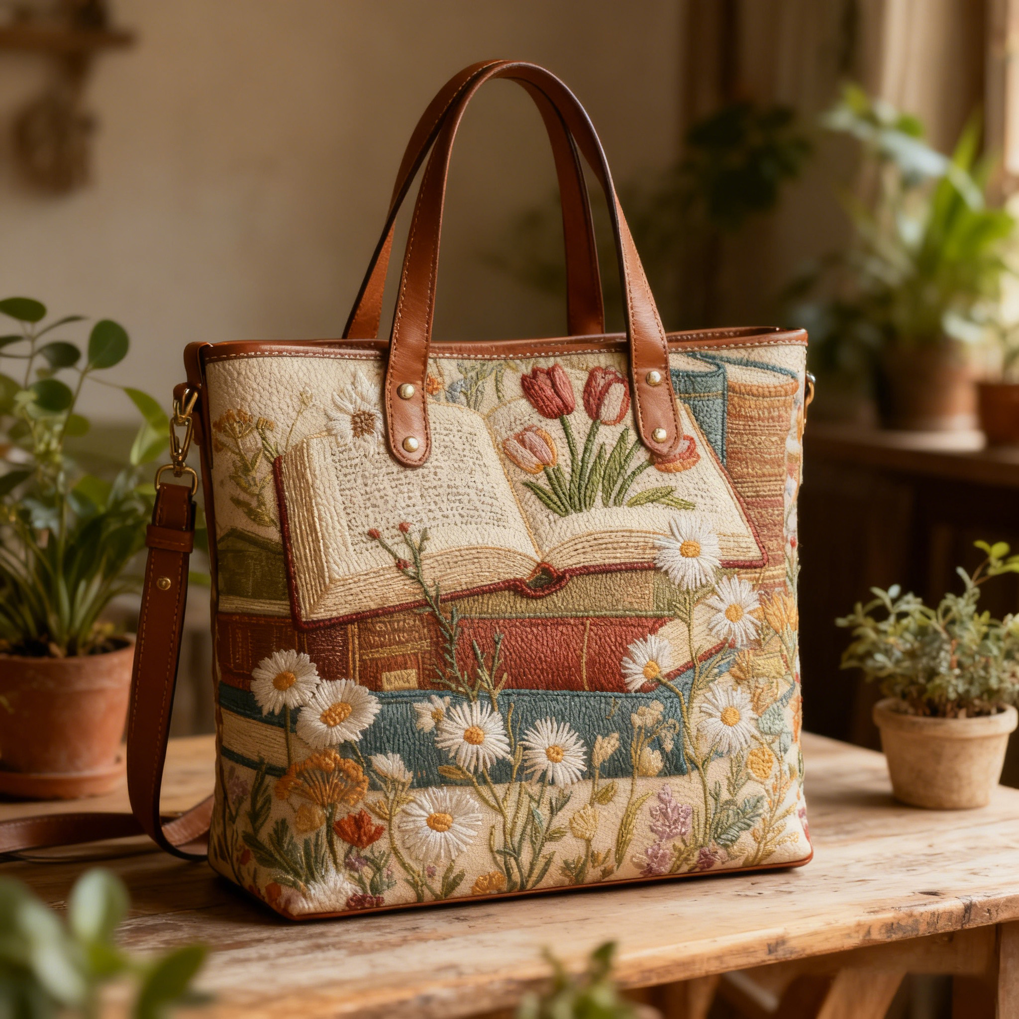Open Book Embroidered Floral Literary Vintage Vegan Leather Tote Bag Crossbody Handbag with Adjustable Strap