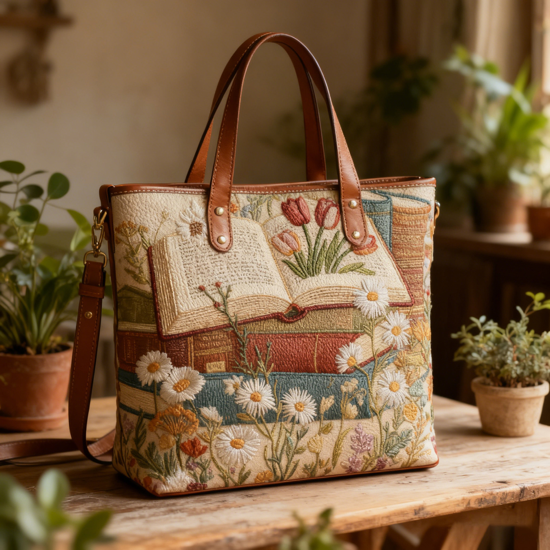 Open Book Embroidered Floral Literary Vintage Vegan Leather Tote Bag Crossbody Handbag with Adjustable Strap