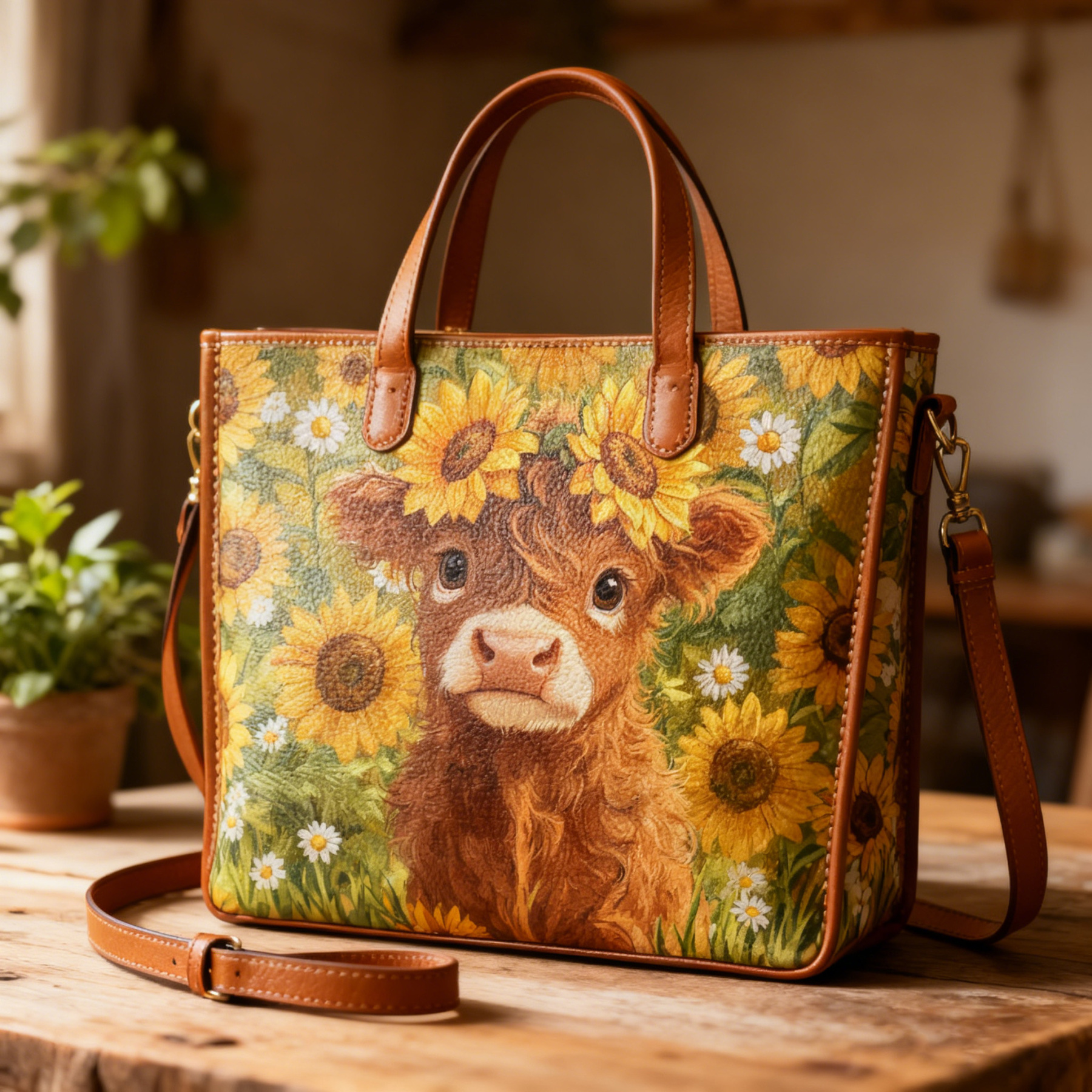 Vintage Cute Highland Cow Sunflower Vegan Leather Tote Bag Crossbody Handbag with Adjustable Strap