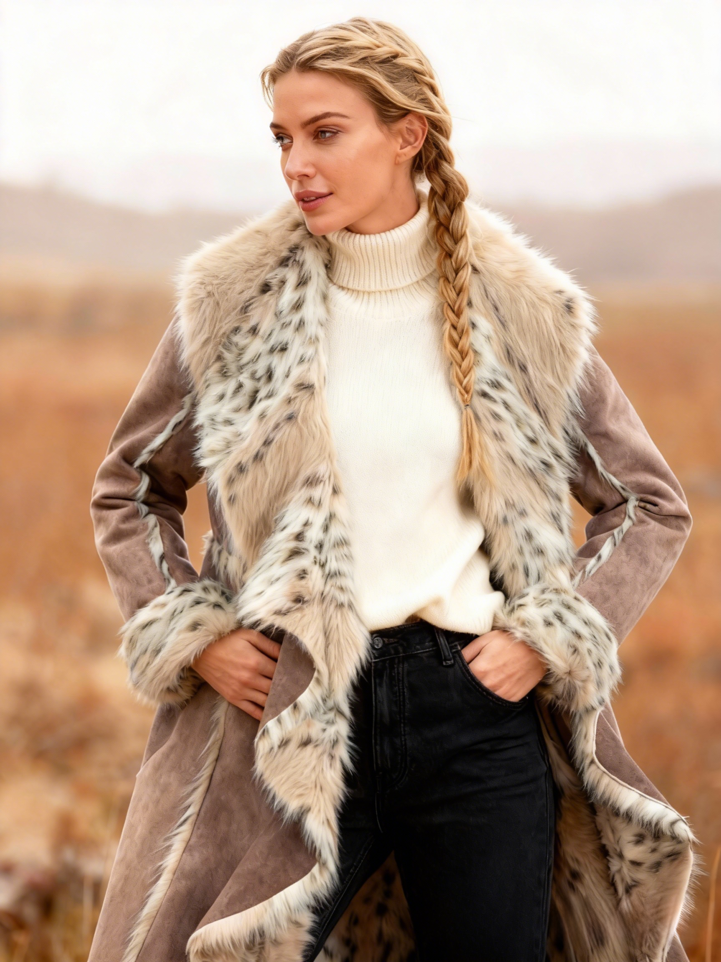 Leopard Print Fur Colla Taupe Faux Suede Coat 