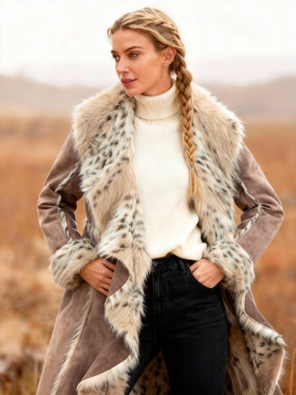 Leopard Print Fur Colla Taupe Faux Suede Coat 