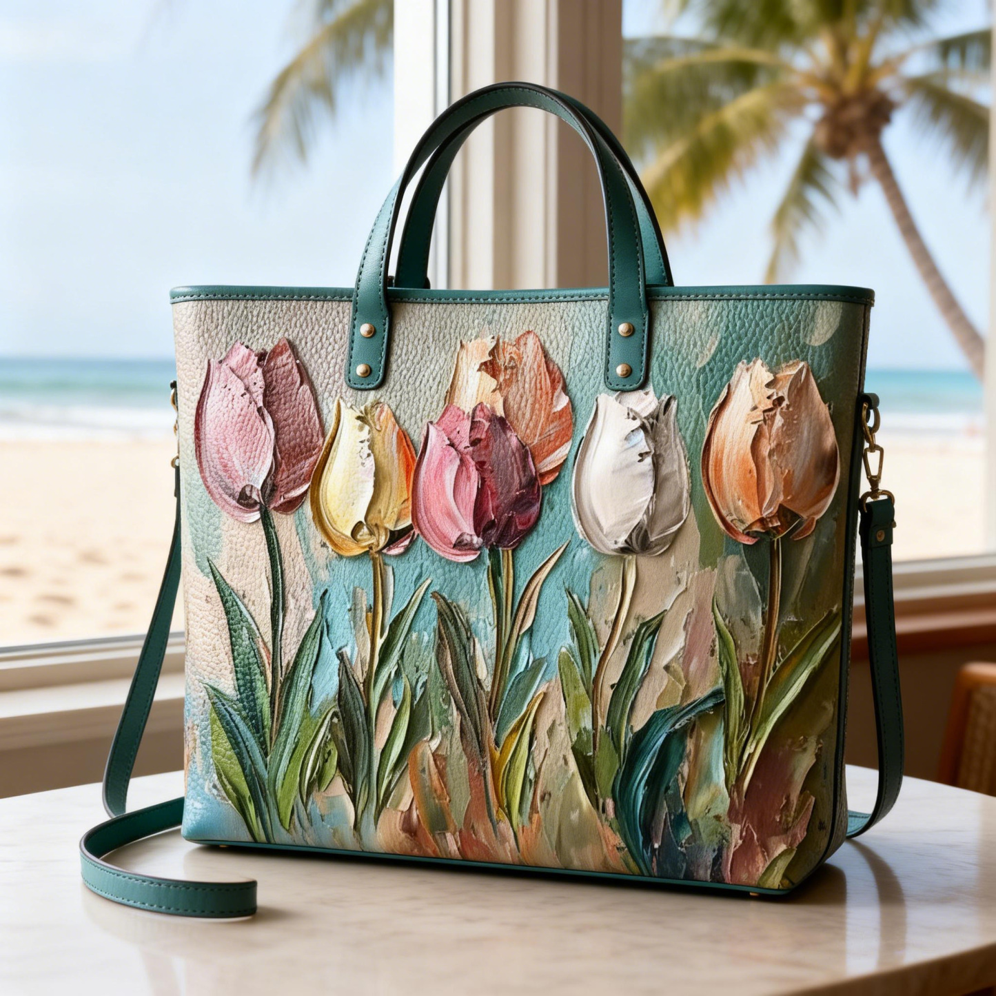 Tulip 3D Texture Art Print Colorful Floral Vegan Leather Tote Bag Crossbody Handbag with Adjustable Strap