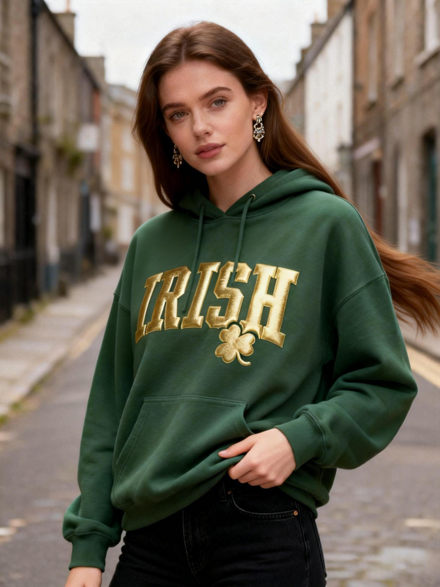 Oversized "IRISH" Gold Print St. Patrick's Day Shamrock Hoodie 
