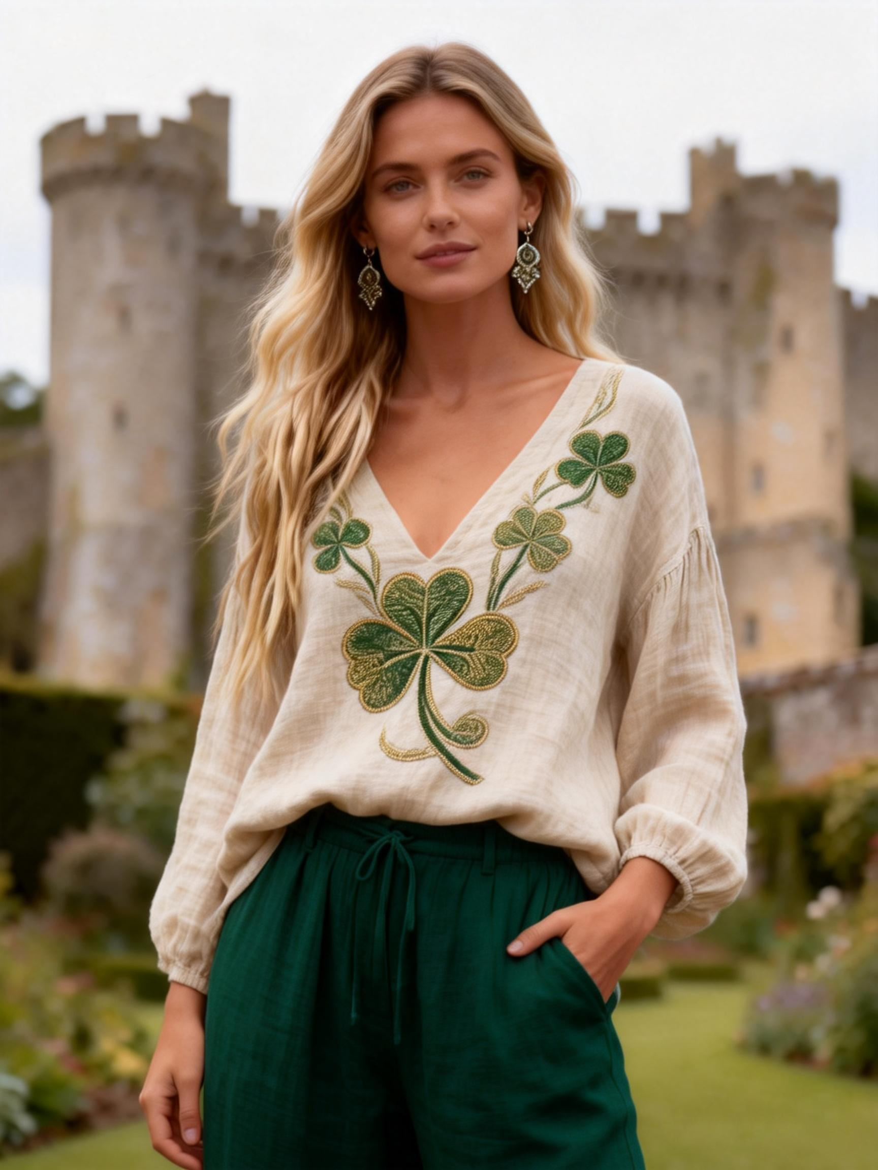 V-Neck Shamrock Embroidered Linen Blouse St. Patrick's Day Long Sleeve T-shirt
