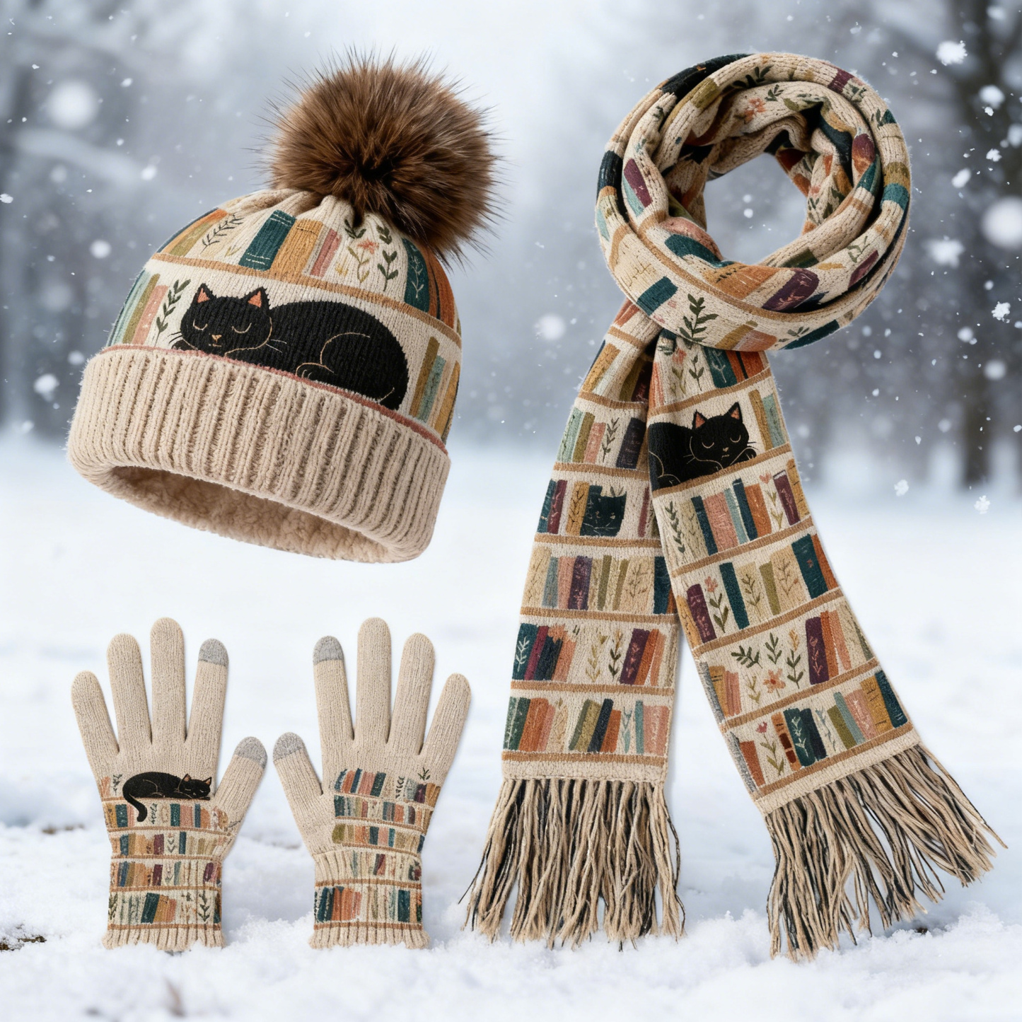 Womens Black Cat Bookshelf 3Pcs Knit Hat Long Scarf and Touchscreen Gloves Set Fleece Lined Pom Pom Beanie Winter Gift 
