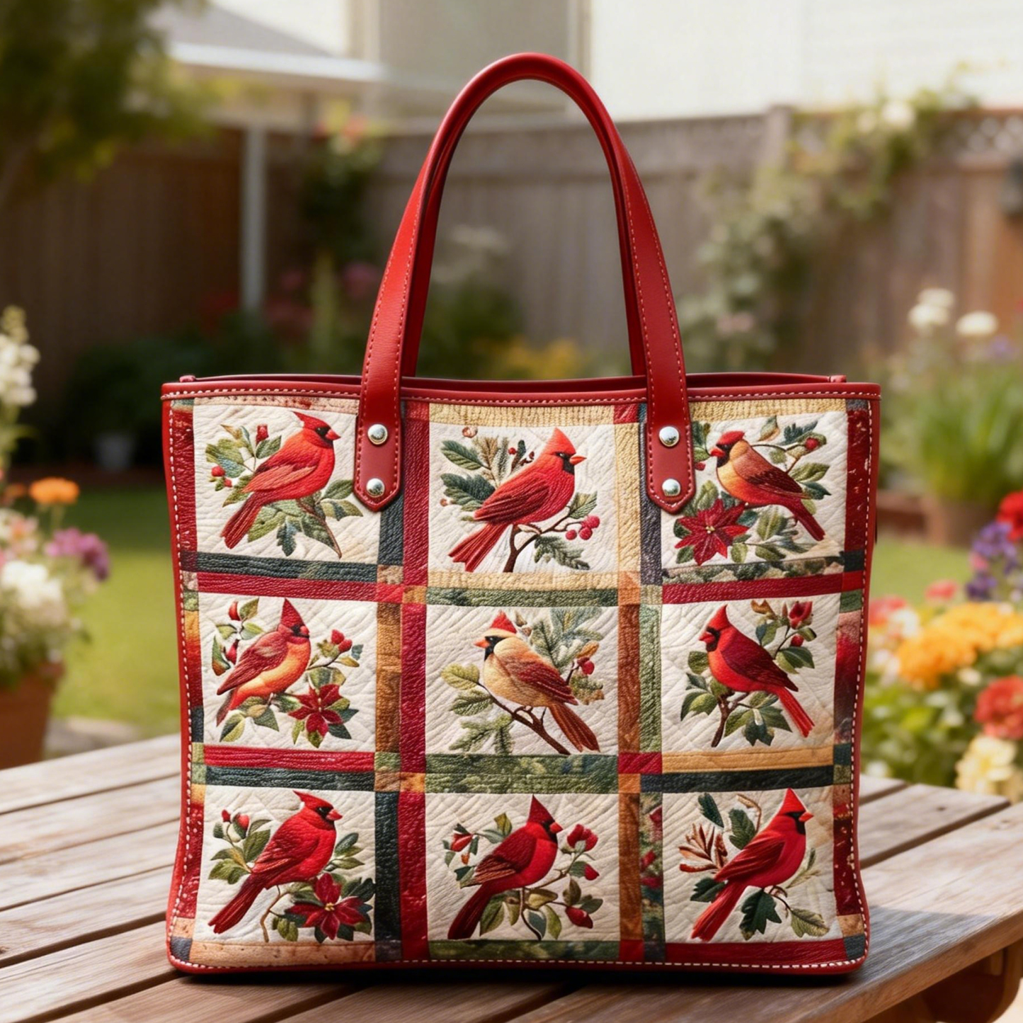 Vintage Quilted Cardinal Bird Vegan Leather Tote Bag Crossbody Handbag with Adjustable Strap