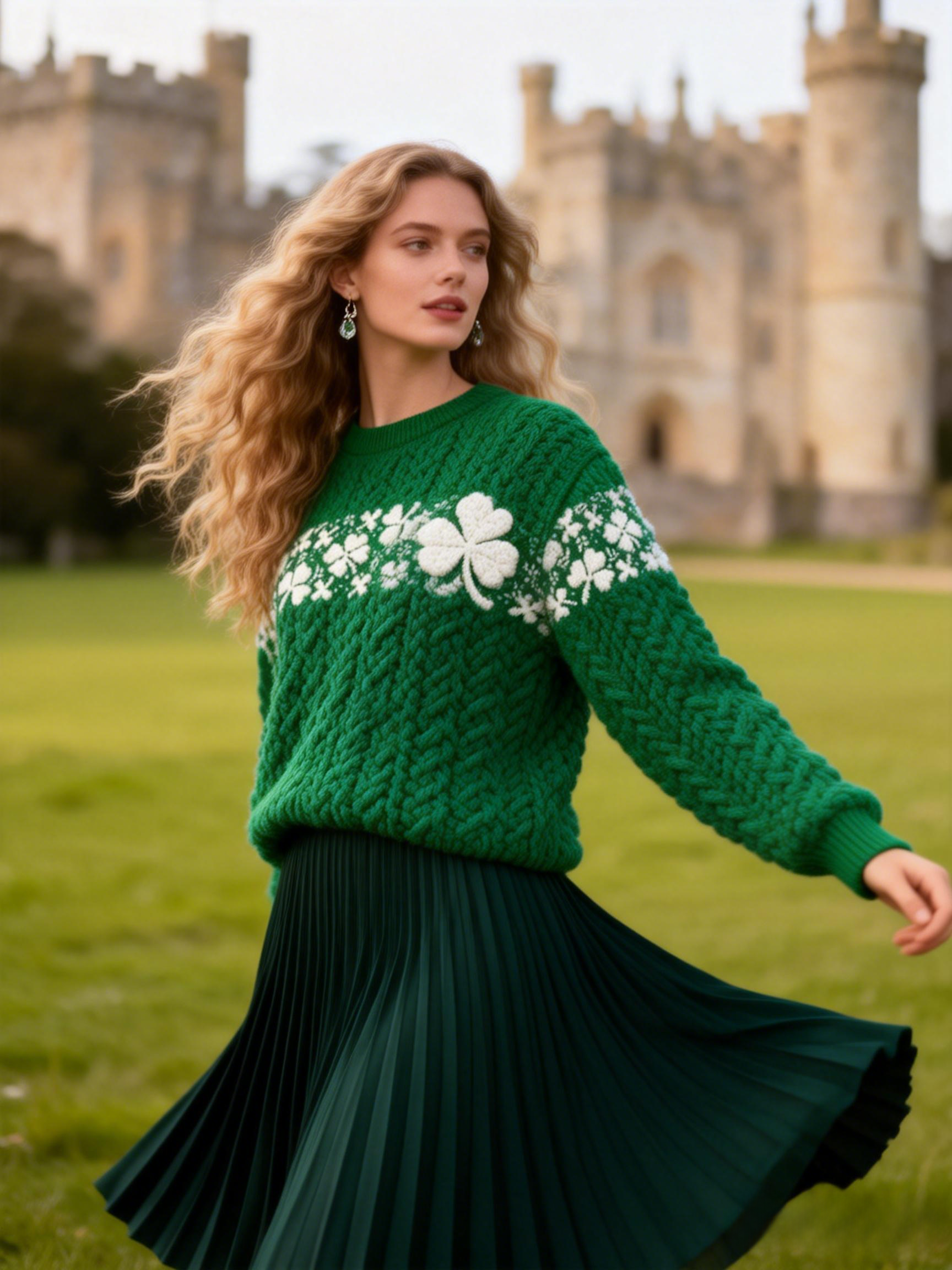 Chunky Knit Clover Motif Sweater St. Patrick's Day  Cable Knit Pullover 