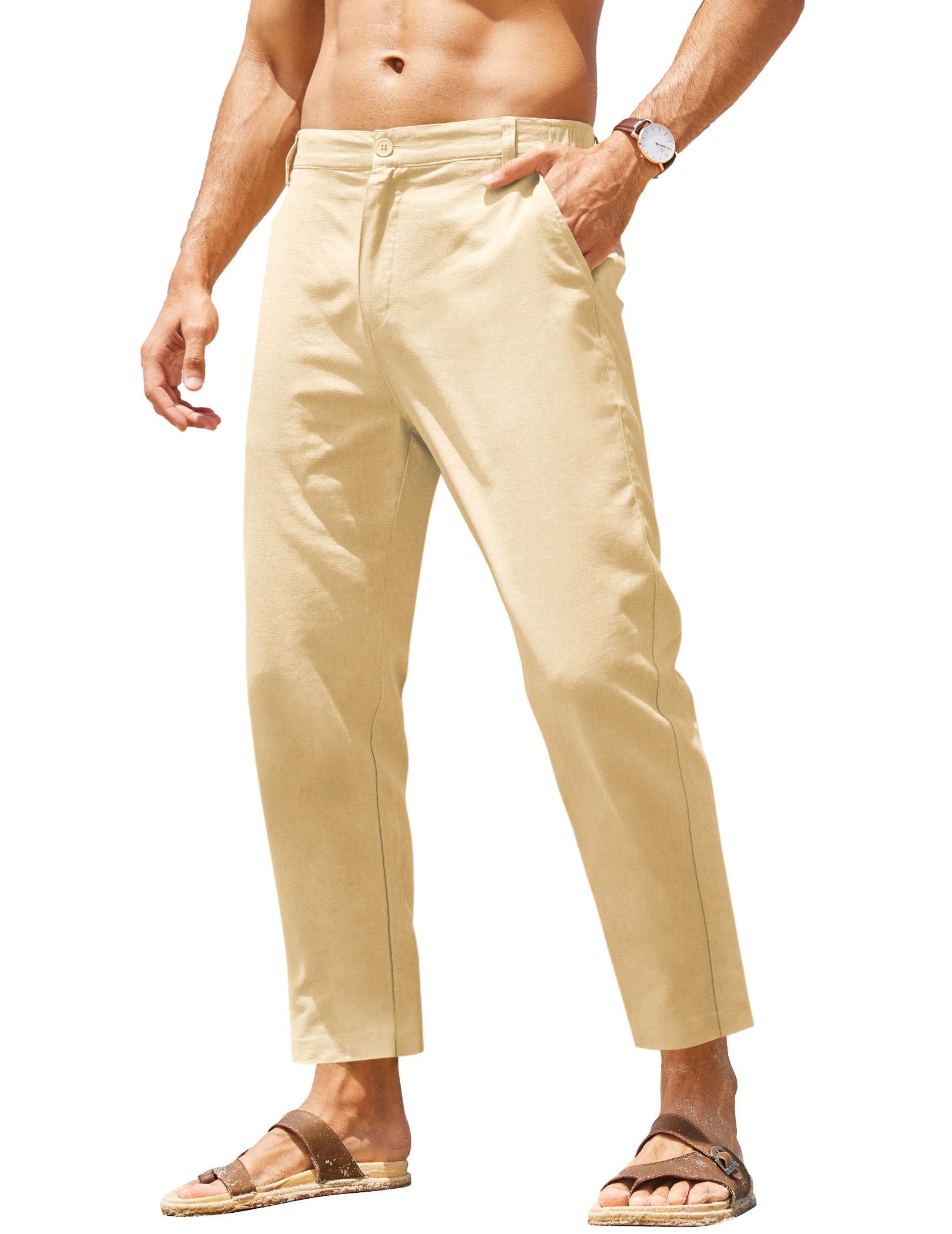 Men's Cotton Linen Pants Elastic Waist Lightweight Casual Pant