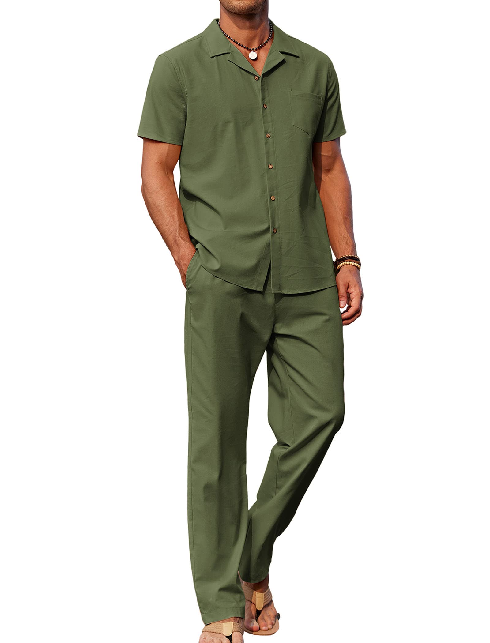 🔥Hot Summer Pick - Men's 2-Piece Linen Outfit Beach Button Down Shirt & Casual Loose Pant Set