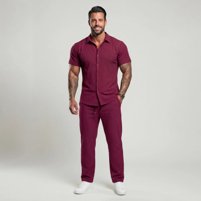 🔥Hot Summer Pick - Men's Button-Front Shirt & Drawstring Pocket Trousers Set