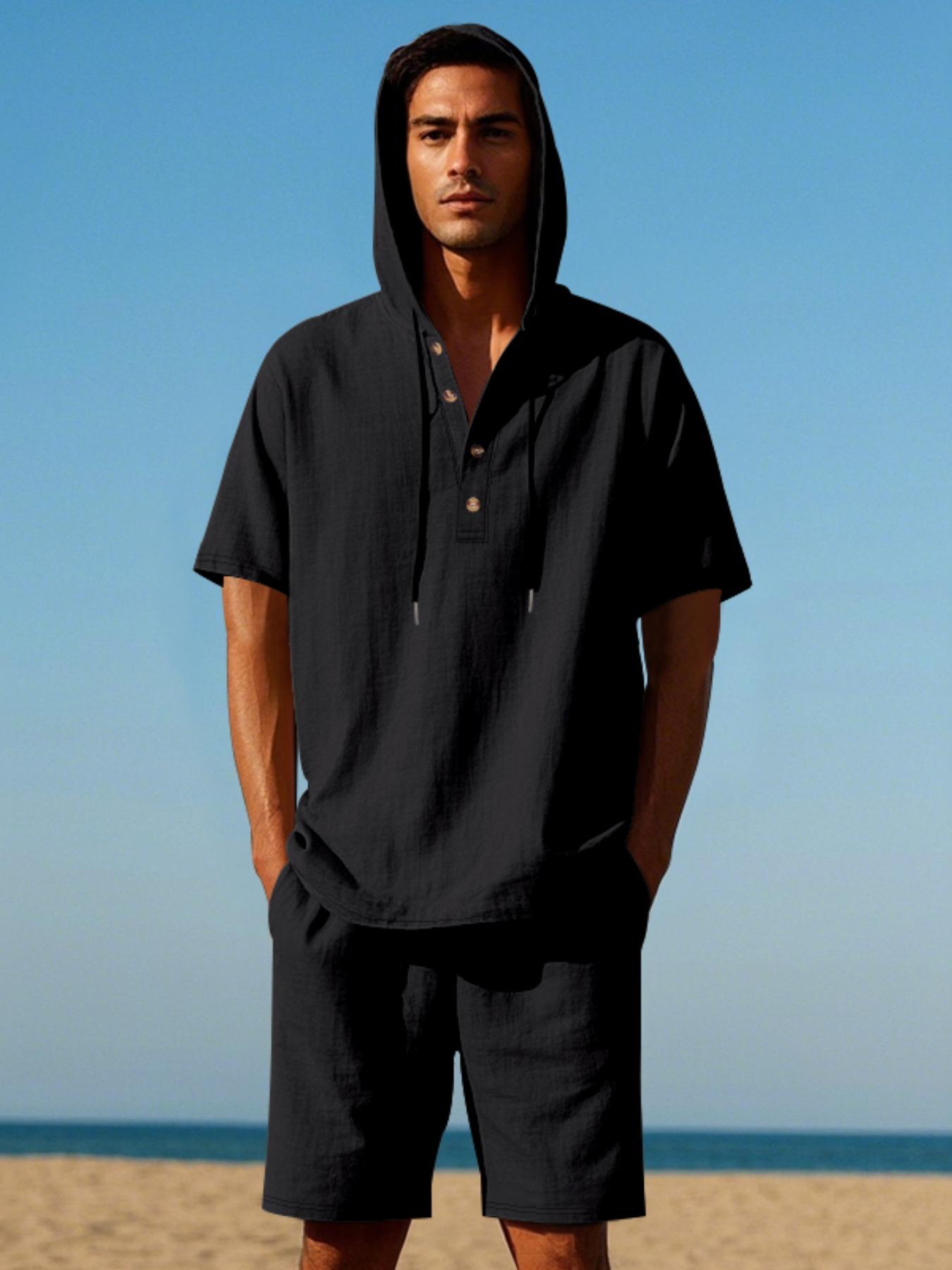 Men's Lightweight Linen Short Sleeve Hooded Henley Shirt & Short 2-Piece Set