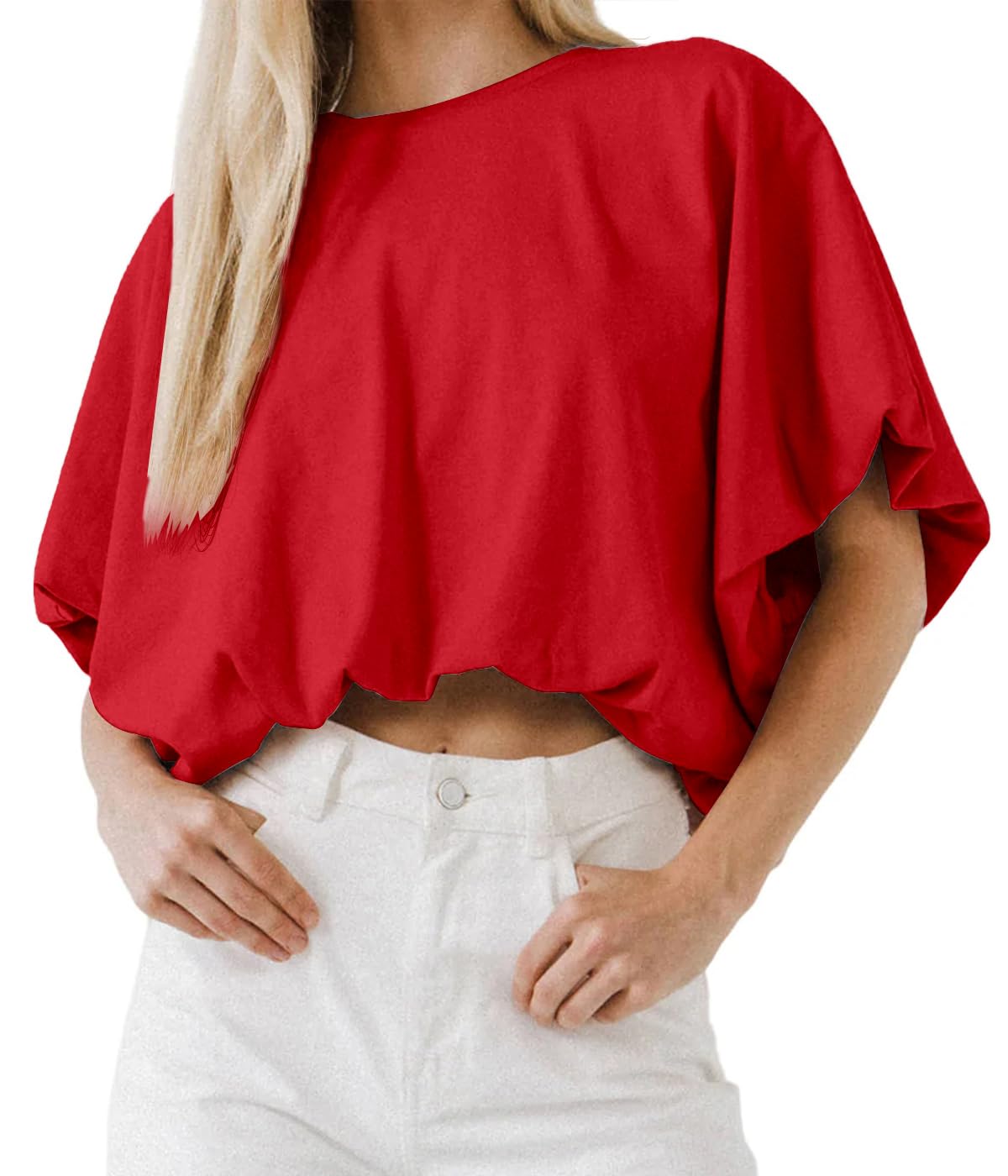Women's Crewneck Crop Tops Short Sleeve Casual Loose Cropped T-Shirt