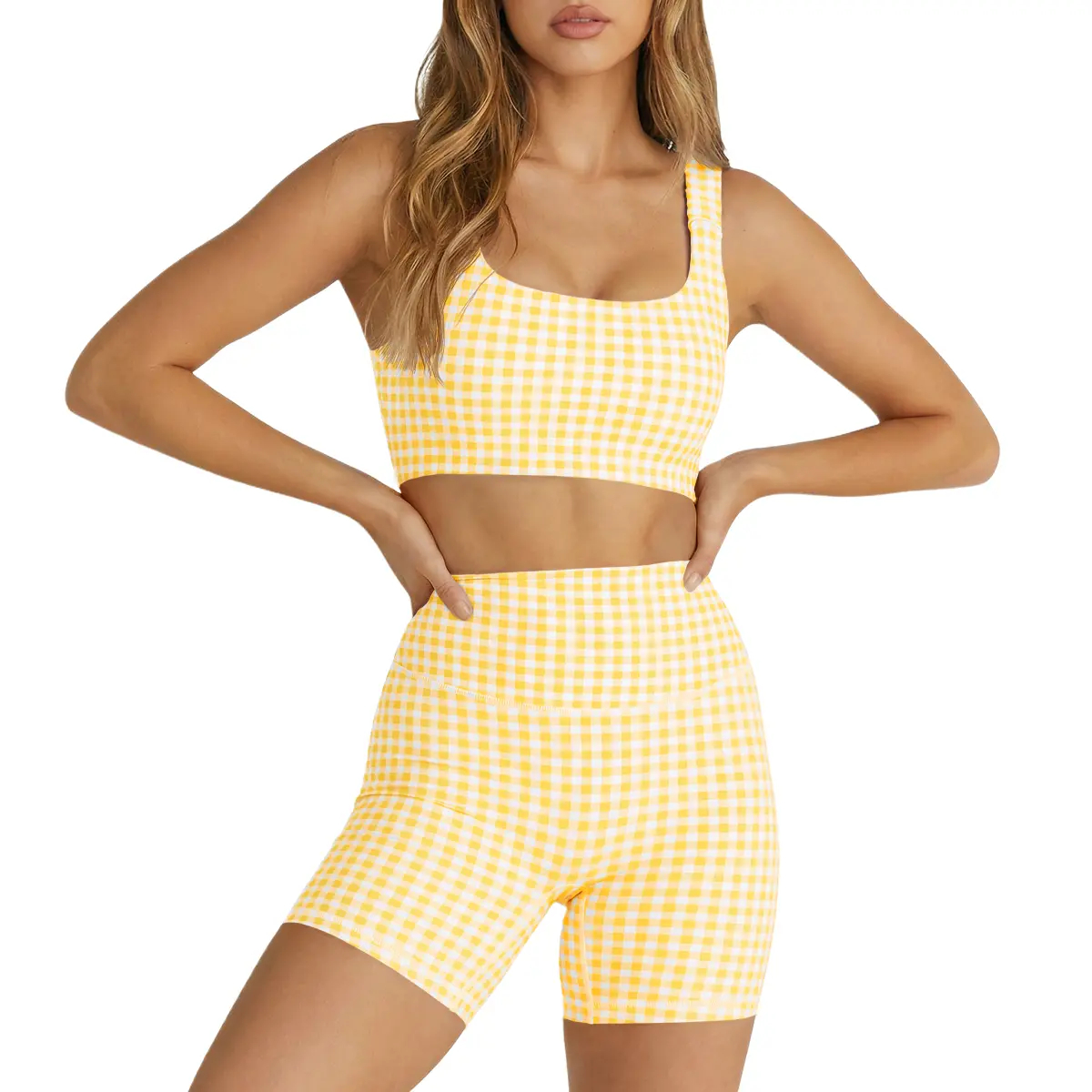 Women's 2-Piece Athleisure Wear Set Padded Gingham Crop Tank Top & High Waisted Sports Yoga Short