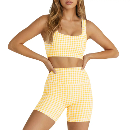 Women's 2-Piece Athleisure Wear Set Padded Gingham Crop Tank Top & High Waisted Sports Yoga Short