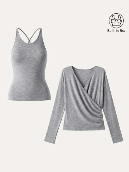 LiteWarm Two-Piece Set Cami with Surplice Ruched Built-In Bra Top