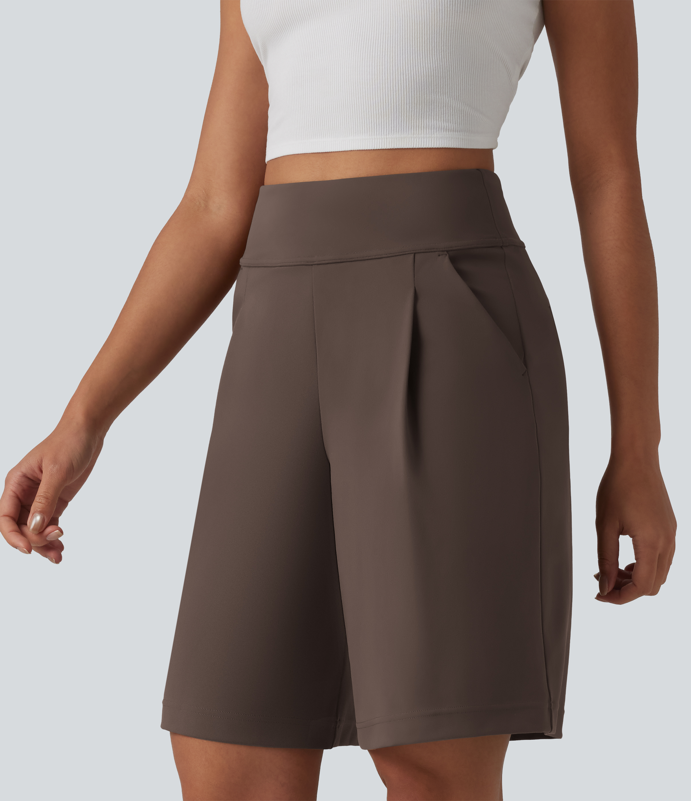 DayStretch High Waisted Pleated Work Bermuda Shorts 10'' with Pockets