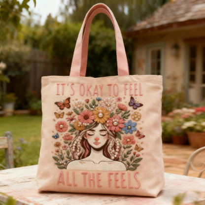 "It's Okay To Feel All The Feels" Girl Floral Butterfly Beaded 3D Embroidery Canvas Tote Bag 