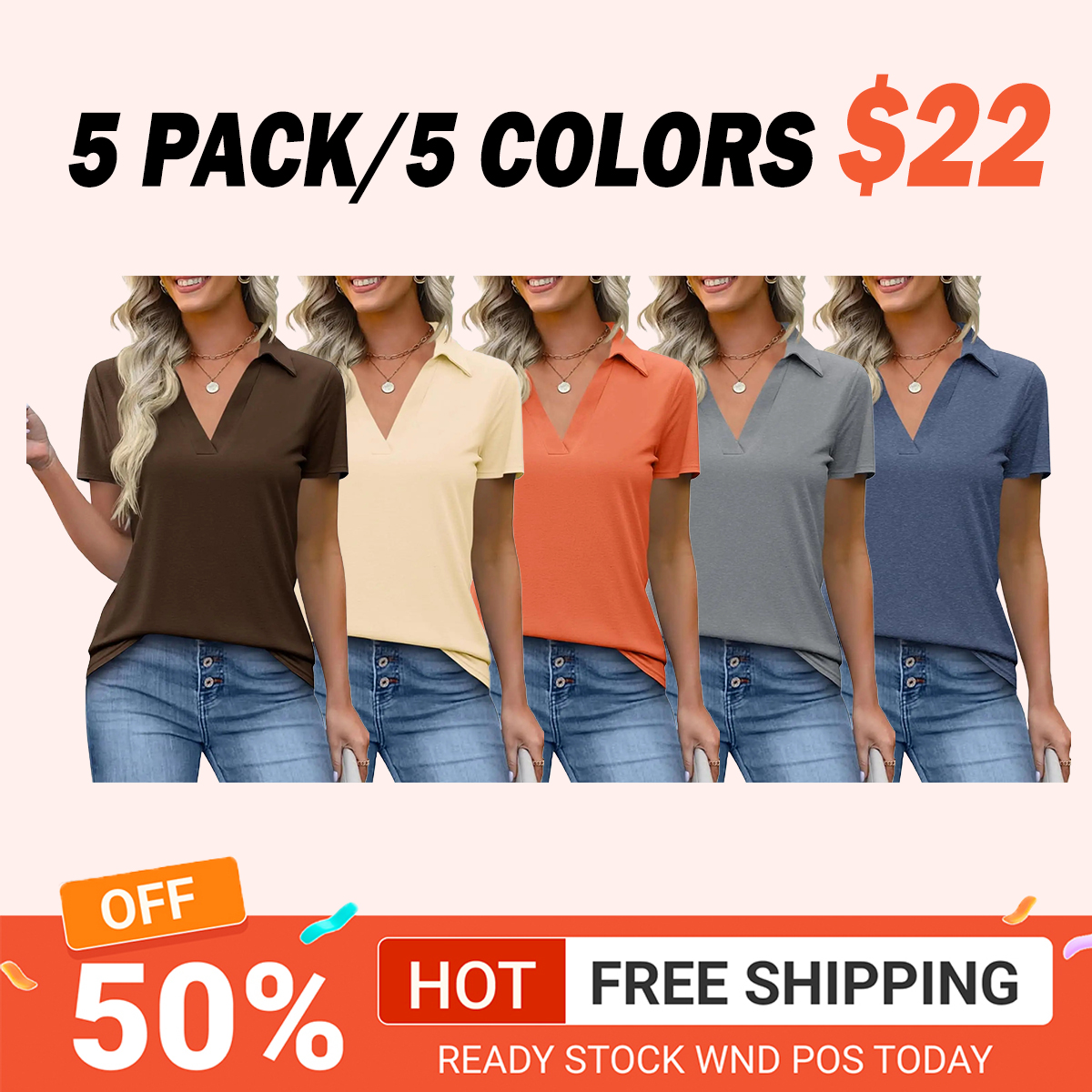 Women's Short-Sleeve Fitted Lightweight V-Neck Polo Shirt