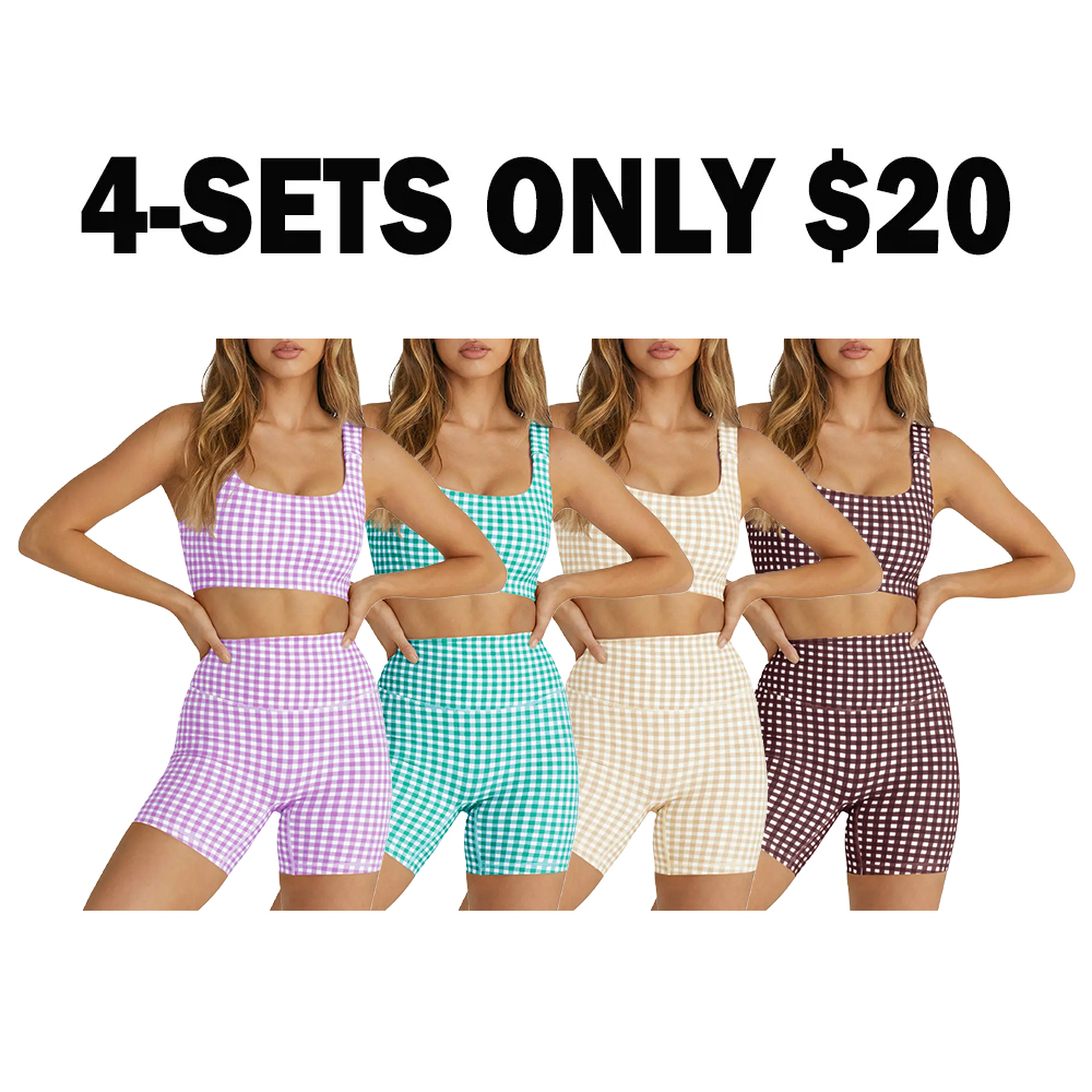 Women's 2-Piece Athleisure Wear Set Padded Gingham Crop Tank Top & High Waisted Sports Yoga Short