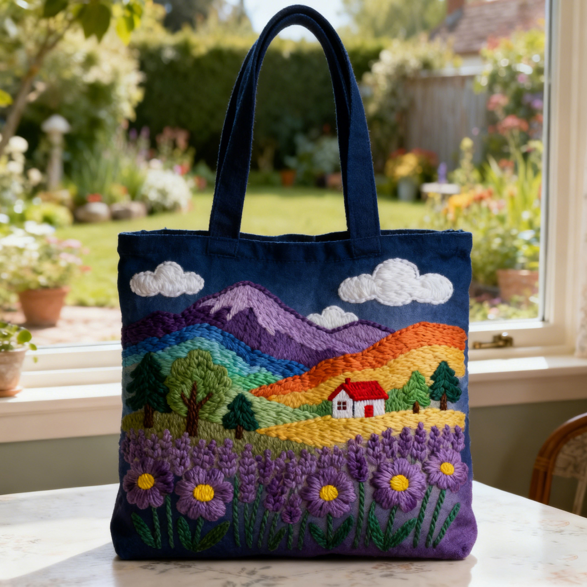 Rainbow Mountain Cottage Lavender Field 3D Embroidery Canvas Tote Bag 