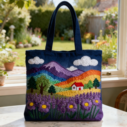 Rainbow Mountain Cottage Lavender Field 3D Embroidery Canvas Tote Bag 