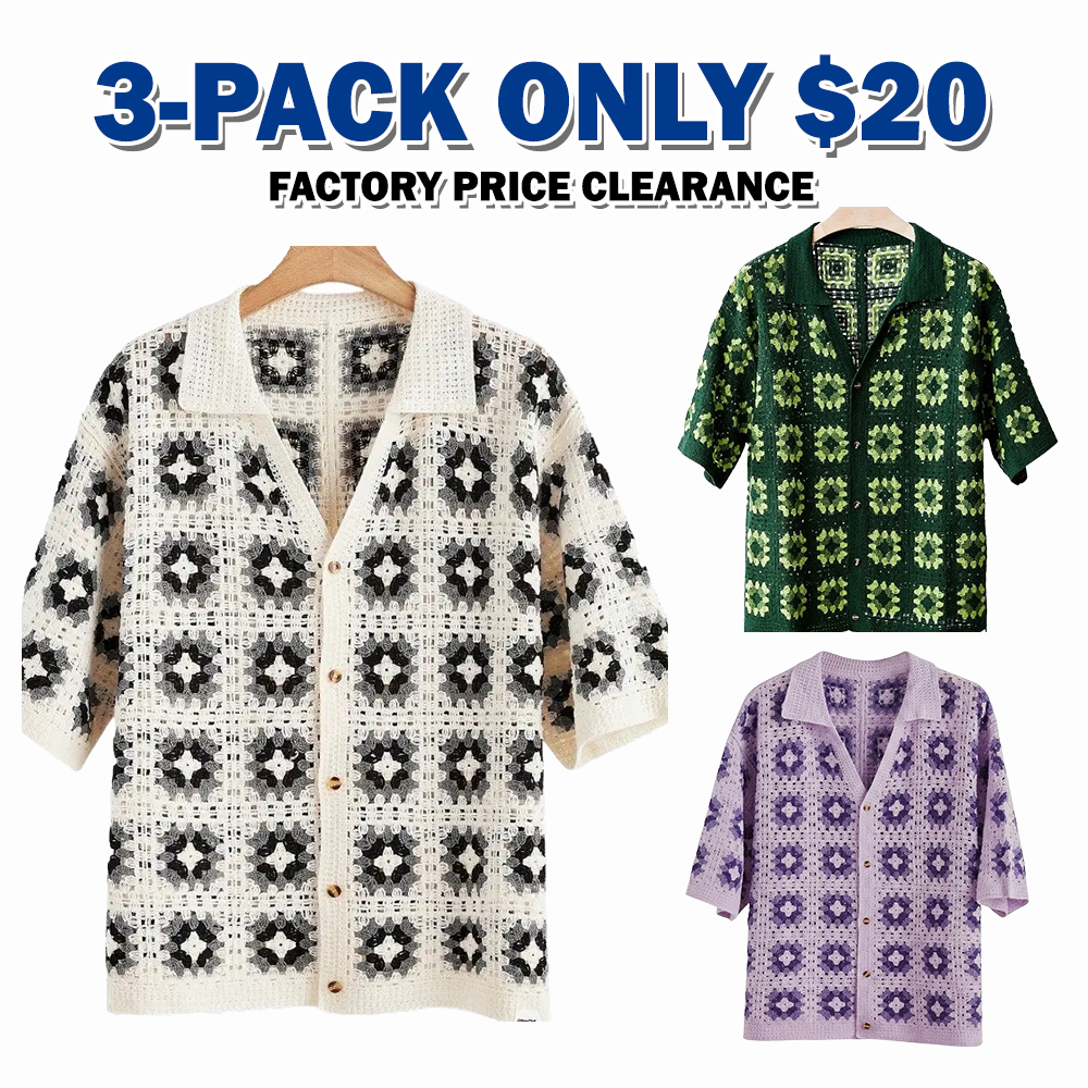 Men's Crochet Knit Button Down Shirt Short-Sleeve Boho Vacation Beach Shirt