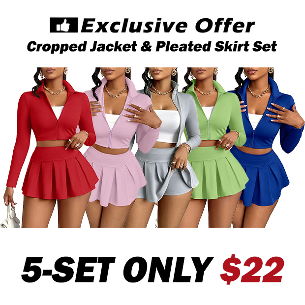 Women's Solid Two-Piece Set Cropped Jacket & Pleated Skirt Set