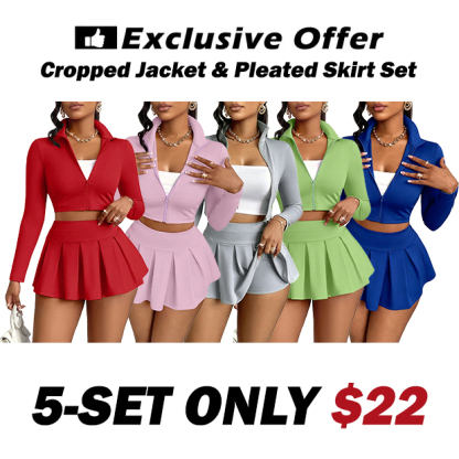 Women's Solid Two-Piece Set Cropped Jacket & Pleated Skirt Set