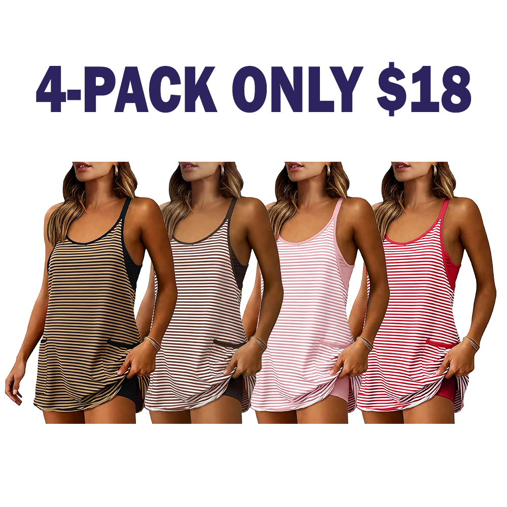 Women's Summer Athletic Mini Dress Sleeveless Built-in Shorts Striped Tennis Workout Dress