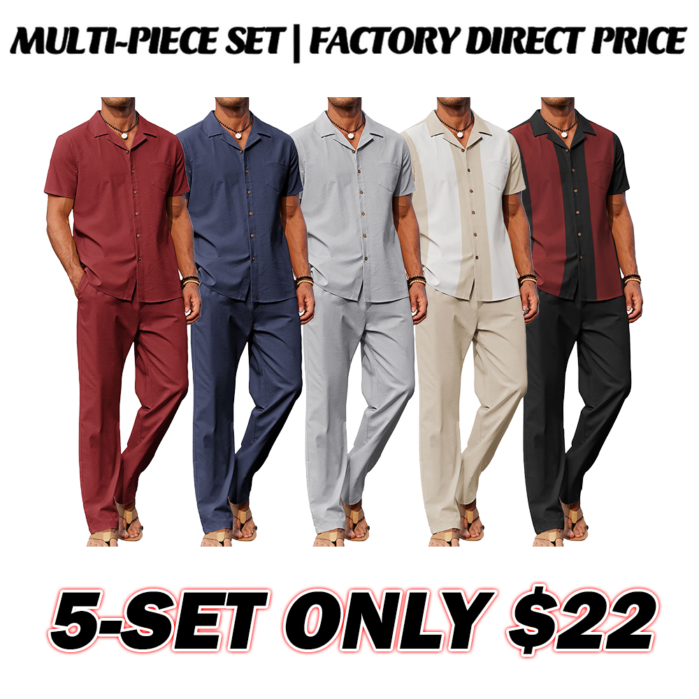 🔥Hot Summer Pick - Men's 2-Piece Linen Outfit Beach Button Down Shirt & Casual Loose Pant Set