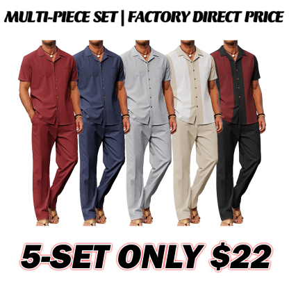 🔥Hot Summer Pick - Men's 2-Piece Linen Outfit Beach Button Down Shirt & Casual Loose Pant Set