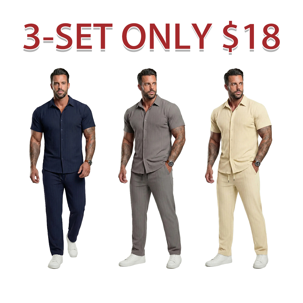 🔥Hot Summer Pick - Men's Button-Front Shirt & Drawstring Pocket Trousers Set