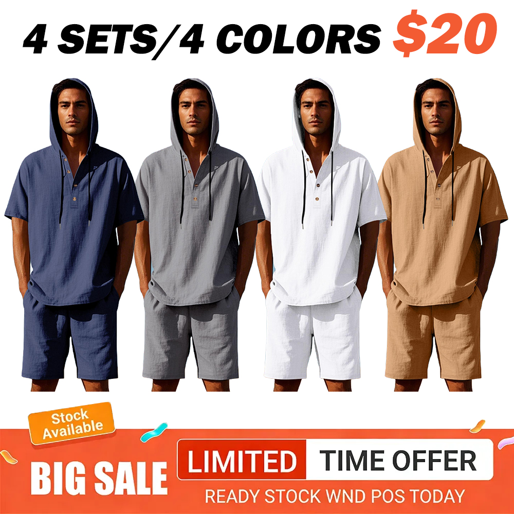 Men's Lightweight Linen Short Sleeve Hooded Henley Shirt & Short 2-Piece Set