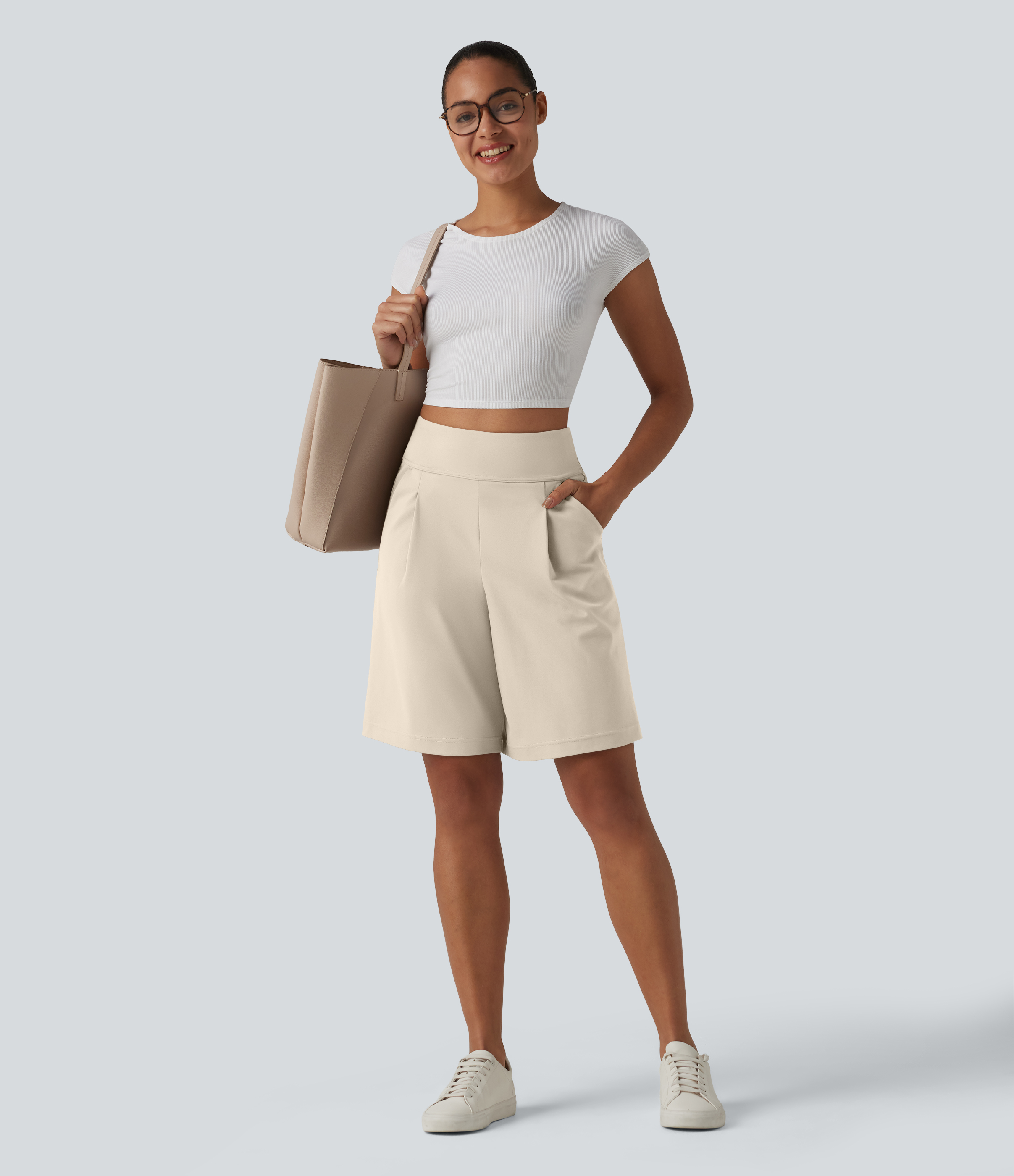 DayStretch High Waisted Pleated Work Bermuda Shorts 10'' with Pockets