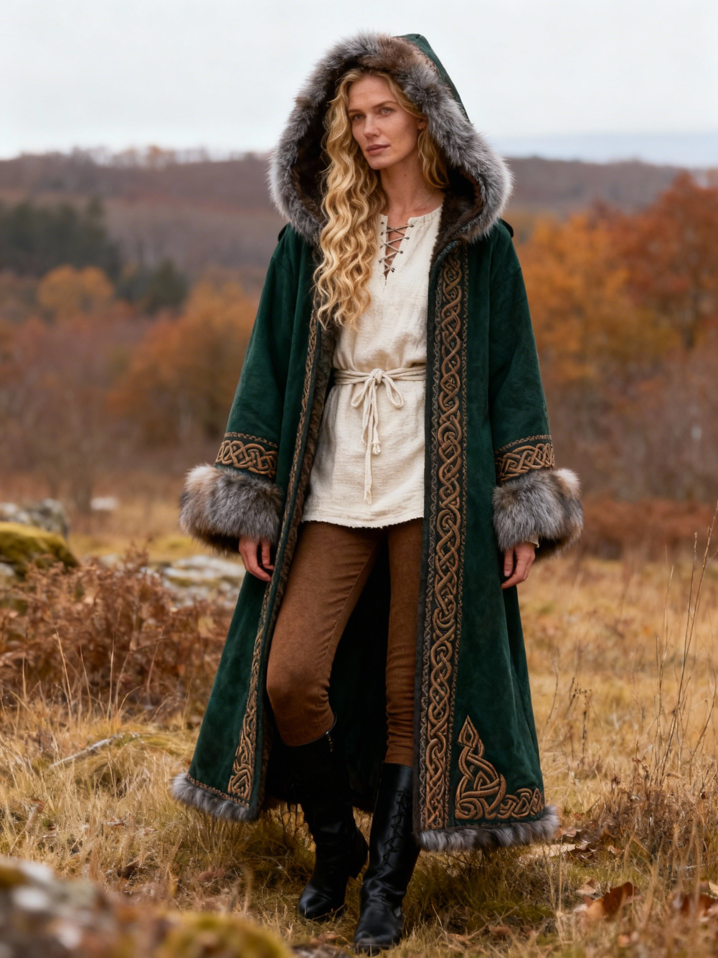 Women's Viking Celtic Knot Art Embroidered Fur Collar Suede Cloak Double-Breasted Long Trench Coat