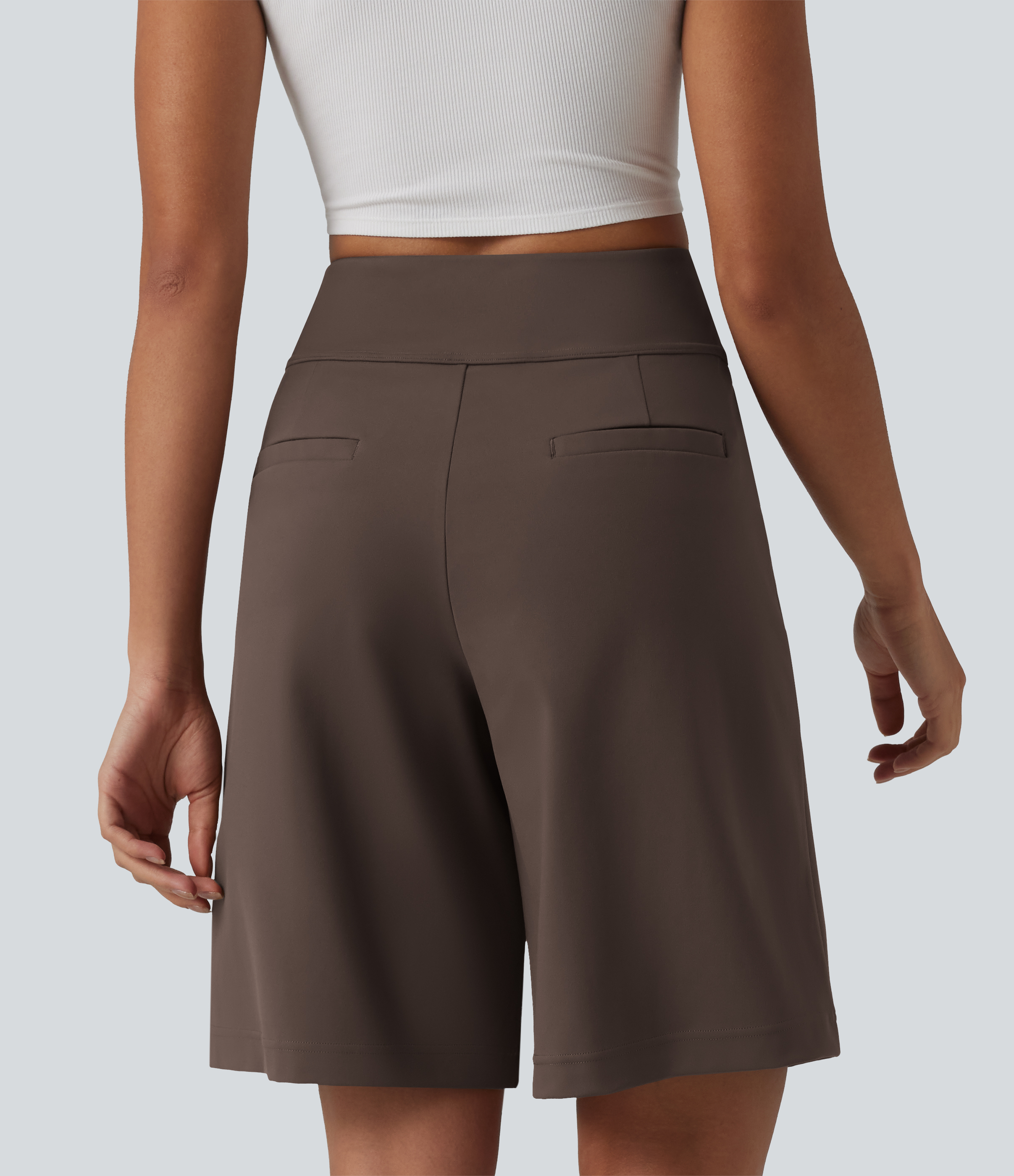 DayStretch High Waisted Pleated Work Bermuda Shorts 10'' with Pockets